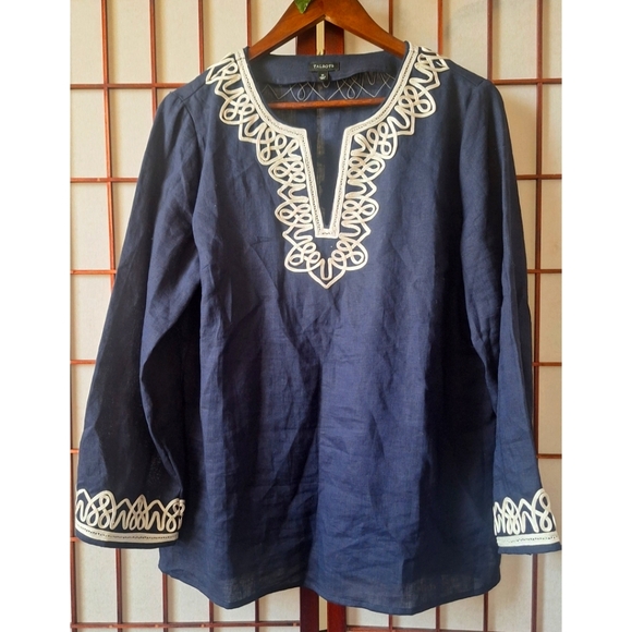 Talbots Navy Blue Linen Tunic with White Cord Trim Embroidery - Picture 12 of 14
